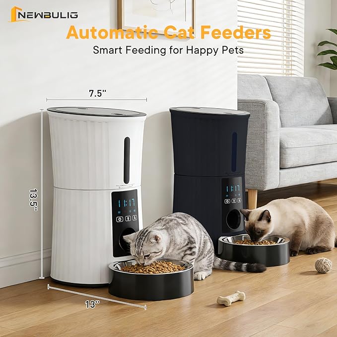 NEWBULIG Automatic Cat Feeder, 4L Timed Pet Feeders with 10s Voice Recorder, Dog Food Dispenser with APP Control, Dry Food, 10 Meals, Programmable 50 Portions, Dual Power Supply, Desiccant Bag