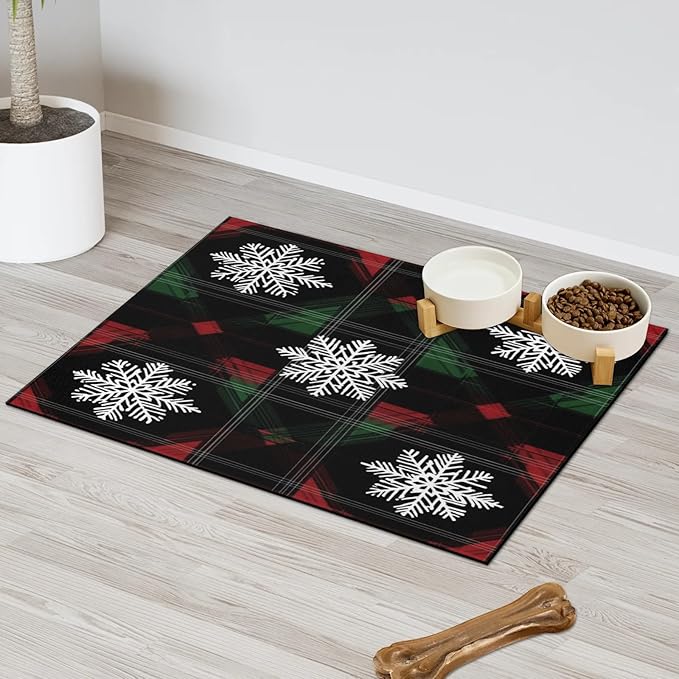 Xmas Snowflake Dog Food Mat for Floors Absorbent, Quick Dry Water Dispenser Mat for Food, Water, Pet Supplies 17" x 30", Buffalo Check