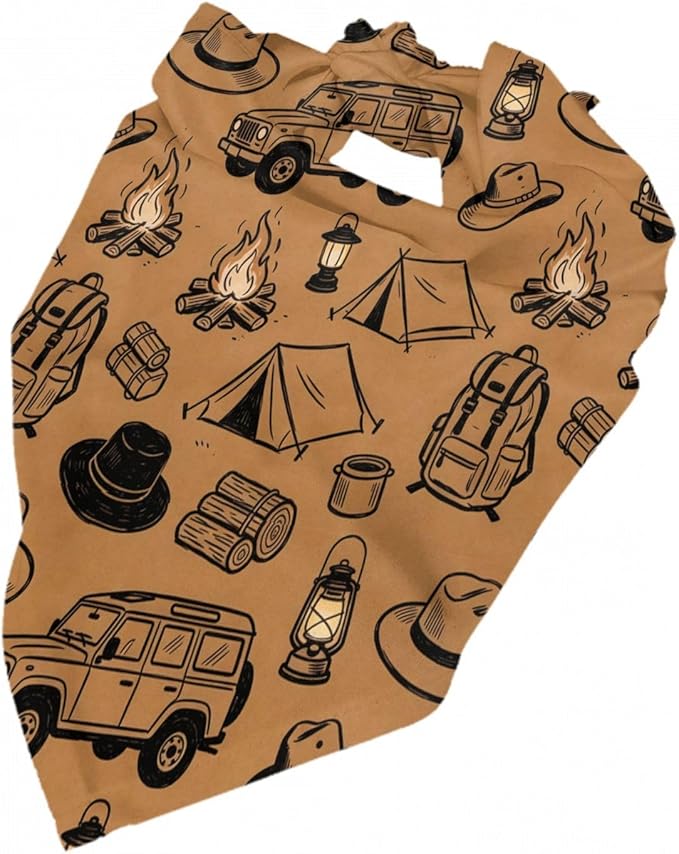 Happy Camper Summer Dog Bandana，Adorable Puppy Accessory for the avid Camper ，Pet Neckerchief for Pets Daily Wear Photo Prop Party Supplies,Funny Cute Dog Bandana (Brown-1)
