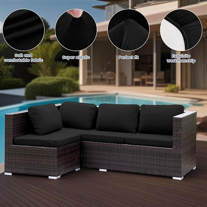 HANDONTIME 8Pcs Patio Cushion Covers Stretch Outdoor Couch Cover Replacement Cushions for Outdoor Furniture Waterproof Patio Furniture Cover for Pets Sofa Covers Washable (Black,Cover Only)