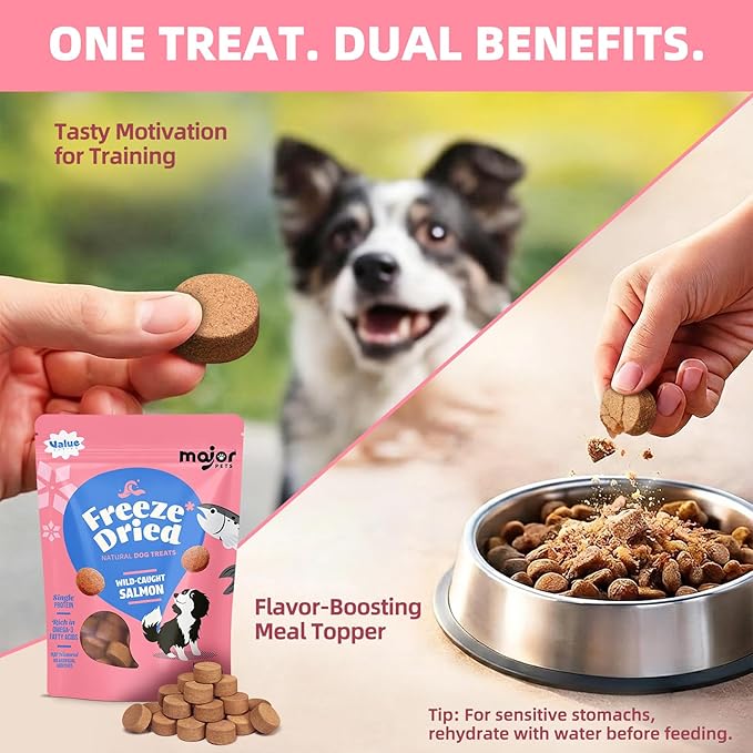 MAJOR PETS Freeze Dried Salmon Dog & Cat Treats - Wild Caught Alaskan Salmon -Single Protein - Grain Free & Gluten Free - Dog Food Toppers & Training Treats - Made and Sourced in The USA - 2.5 oz