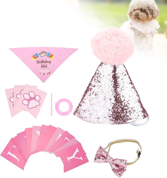 Dog Birthday Scarf Hat Set, Adjustable Soft Pet Birthday Party Supplies, Includes Bandana Bow Tie Banner Cards for Puppy Photo Shoot and Celebration Decor