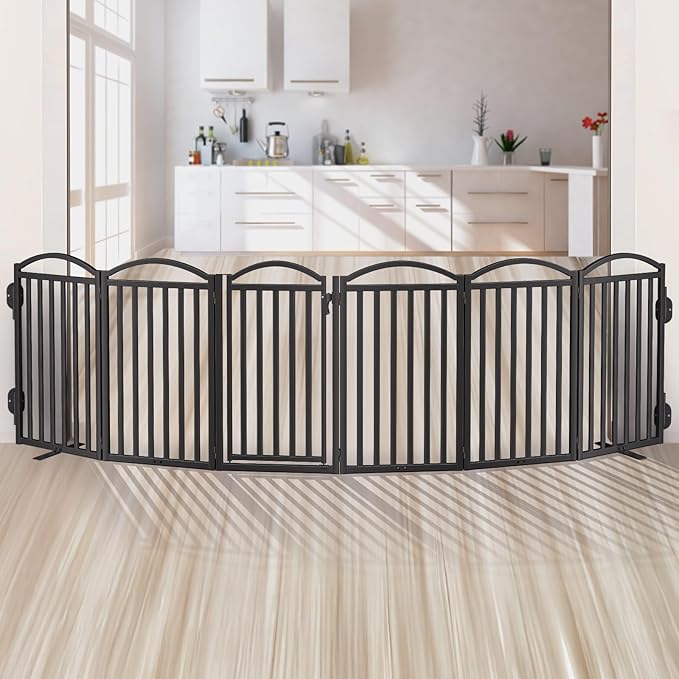 Malier Metal Freestanding Dog Gates with Door, 36'' Height Outdoor Indoor Dog Fences, Extra Wide Foldable Puppy Gate for Stairs (Black, 【6 Panels with Door】 120''W × 36''H)