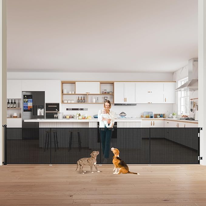 42" Tall Retractable Baby Gates, Extra Wide 196" Retractable Safety Gate with Reinforced Strips, Extra Long Dog Gate for Large Openings & Doorways Mesh Pet Baby Gates Indoor & Outdoor, Black