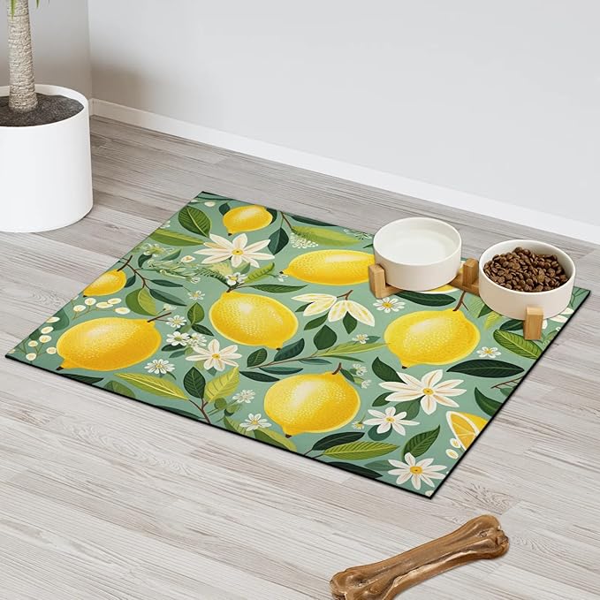 Lemon Dog Food Mat for Floors Absorbent Dog Bowl Mat for Food and Water Dispenser Quick Dry Cat Food Placemat Pet Supplies 24" x 32", Green Leaves Plant