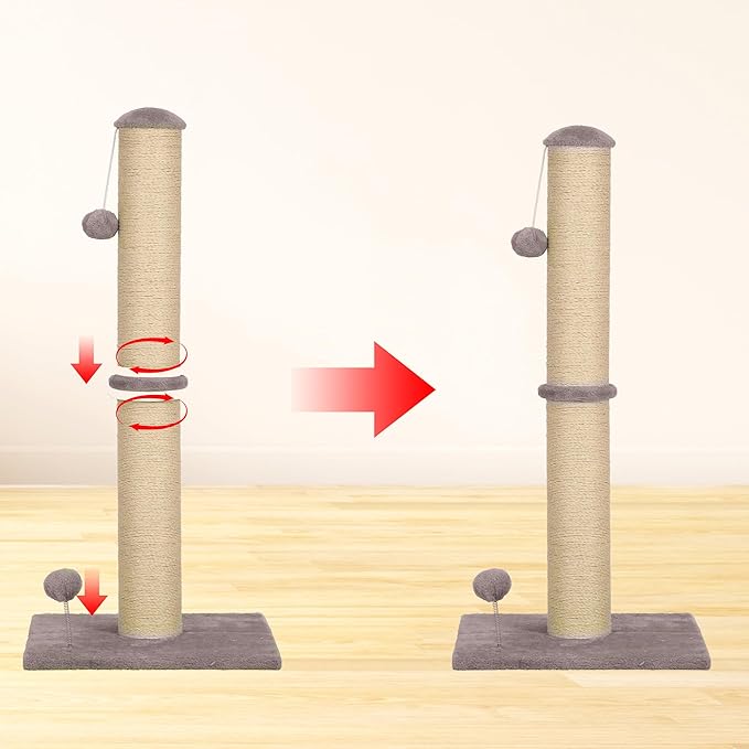 22" Small Cat Scratching Post, 3-in-1 Durable Sisal Vertical Cat Scratcher Post with Hanging Ball, Sturdy Cat Scratch Pole with Soft Fabric Base for Kittens or Smaller Cats, Light Gray
