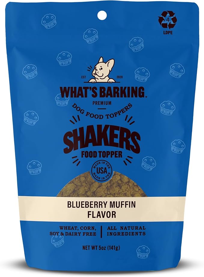 What's Barking Shakers Meal Toppers, Dog Treat Crumbles for Food Topping, Pet Essentials, Sprinkle Topper for Kibble or Wet Food, Made in USA, Resealable Bag, Blueberry Muffin Flavor, 5 oz