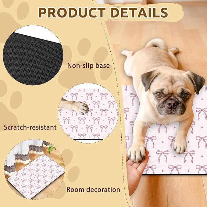 GLOBLELAND Pink Bow Pet Food Mat for Floors 11.8×20 inch Dogs Food Mats Absorbent Dog Bowl Mat Quick Dry Dog Cat Pet Placemats Pets Supplies for Water Dispenser