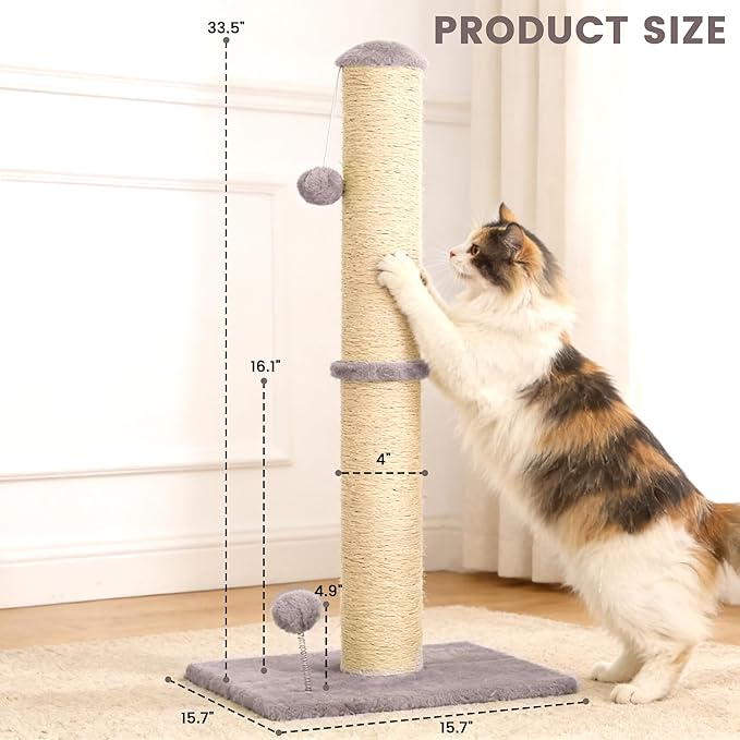 33" Tall Cat Scratching Post, 3-in-1 Durable Sisal Vertical Cat Scratcher Post with Hanging Ball, Soft Fabric Stable Base Cat Scratch Pole for Indoor Cats at All Ages, Light Gray