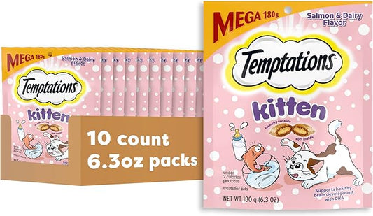 Temptations Kitten Treats Classic Crunchy and Soft Cat Treats, Dairy Flavor, 6.3 oz. Pouch (Pack of 10)