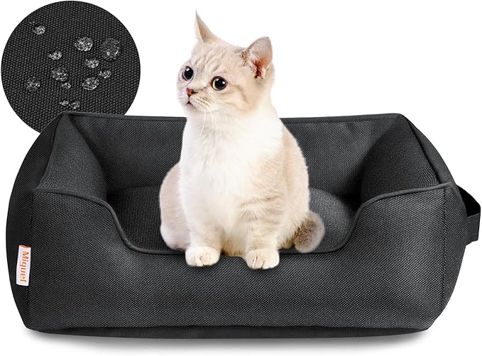 Miguel Outdoor Waterproof Cat Bed with Side, Oxford Durable Dog Bed for Small Dog Easy Clean, All Weather Rectangle Medium Pet Bed Bolster Tough Puppy Bed Scratch Resistant Removable Cover, 20 inches
