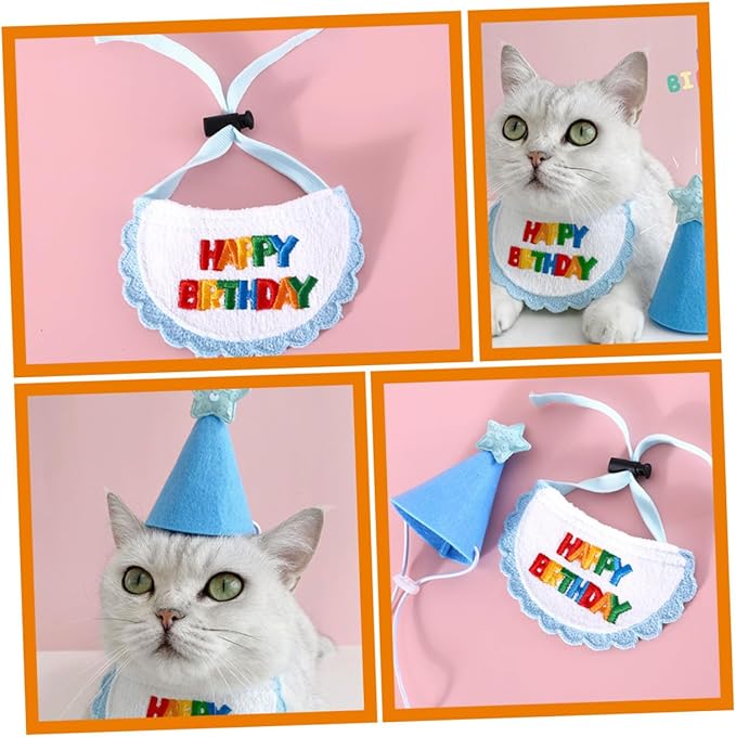 BESTYASH Dog Birthday Bandana and Wear-Resistant Embroidered Bib with Blue Star Hat Set for Pet Party Supplies, Adjustable Dog and Cat Costume Accessory