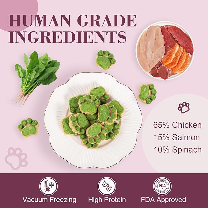Dylan's cabin Freeze Dried Chicken Cat & Dog Treats - High Protein Spinach Paw with Slamon Training Kitten Snack or Puppy Treats for Coat Gut Healthy, 14pcs