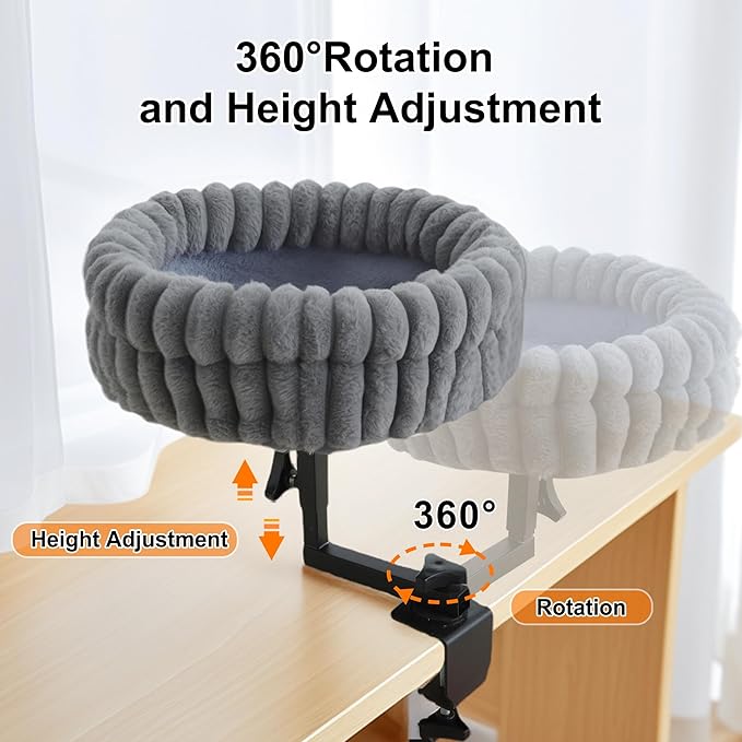 Cat Desk Bed, 360° Rotating and Adjustable Pet Bed, with Soft Mat, Stylish Indoor Cat Nest for Workstations and Game Tables, Grey