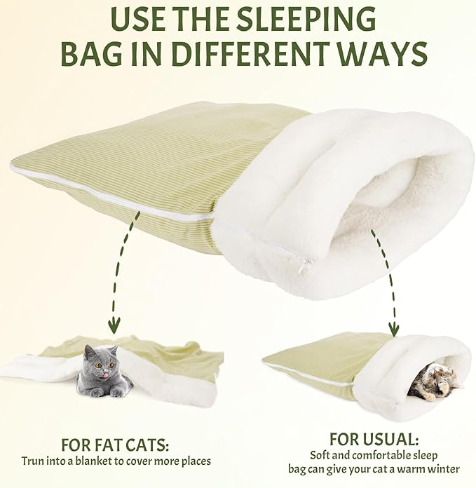Zipper Cat Sleeping Bag - Cozy Durable Soft Pet Bed Bag, Machine Washable Cat Bed Cave, Lightweight Portable for Indoor Cats and Small Pets, Winter Warm with Anti-Slip Pad