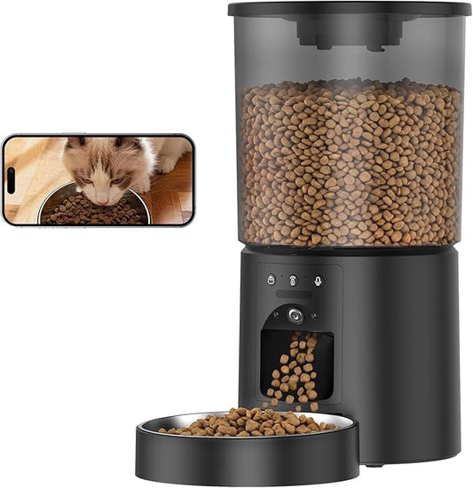 Automatic Cat Feeder with Camera,WiFi Cat Food Dispenser with App Control,1080P HD Video,Two-Way Audio, Transparent 4.2L Food Container (Black)