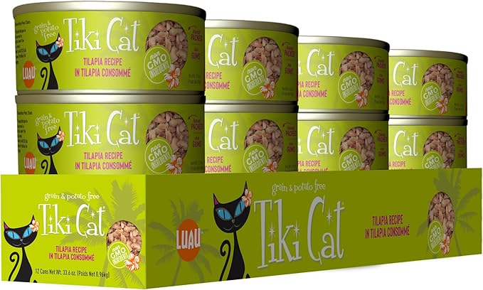 Tiki Cat Luau Shredded Meat, Tilapia Recipe in Tilapia Consumme, Grain-Free Balanced Nutrition Wet Canned Cat Food, For All Life Stages, 2.8 oz. Can (12 Count)