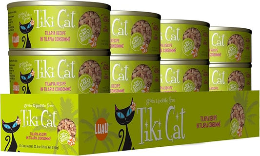 Tiki Cat Luau Shredded Meat, Tilapia Recipe in Tilapia Consumme, Grain-Free Balanced Nutrition Wet Canned Cat Food, For All Life Stages, 2.8 oz. Can (12 Count)