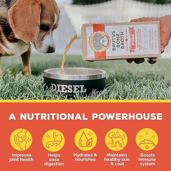 Brutus Bone Broth for Dogs | All Natural | Made in USA | Glucosamine & Chondroitin for Healthy Joints | Human Grade Ingredients | Hydrating Food Topper, Gravy & Treat (Pork, 6-Pack)