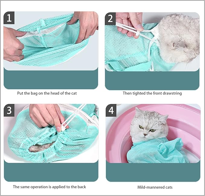 4Pcs Cat Scratch Cover for Nursing Rehabilitation, Adjustable Cat Bath Gloves,Cat Bathing Bag, Cat Grooming Mesh Bag (Grey-1)