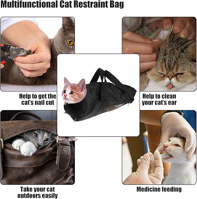 Portable Cat Grooming Bag, Multifunctional Cat Restraint Travel Bag with Oxford Cloth for Bathing Nail Trimming, 18.1x9.4 Inch Black