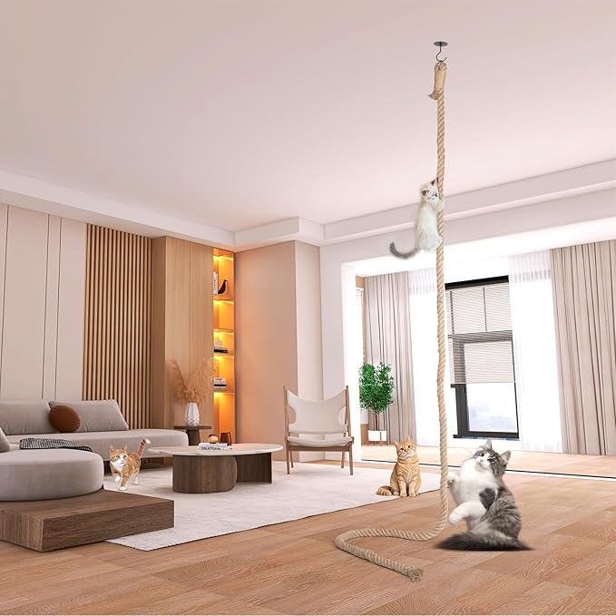 Cat Climbing Rope with Hook, Natural Jute Ropes for Ceiling & Wall Mounted,Cat Climbing Sisal Rope Cats Scratch Rope Suitable for Indoor Cats (1.20" x 6.56Ft)