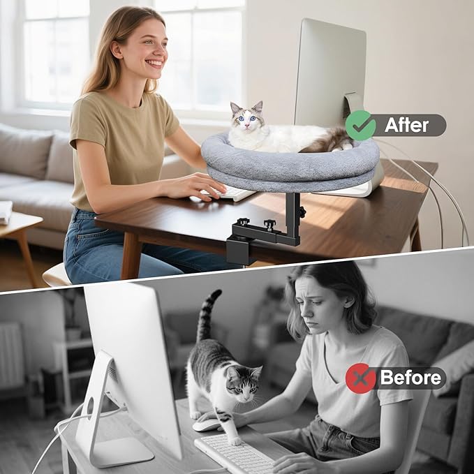 Large Cat Desk Bed, 360°Rotating & Adjustable Shelf, 18" Thickening Cat Bed for Desk, Soft Faux Fur with Mat, Suitable for Various Desktops - Maximum Hold Up to 50lb (Dark Gray)