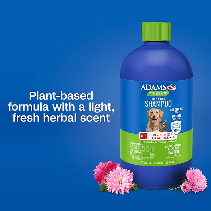 ADAMS Plus with Botanicals Flea & Tick Shampoo, for Cats, Kittens, Dogs & Puppies Over 12 Weeks of Age, Kills Adult Fleas, Flea Eggs, Ticks and Lice, 16 fl oz