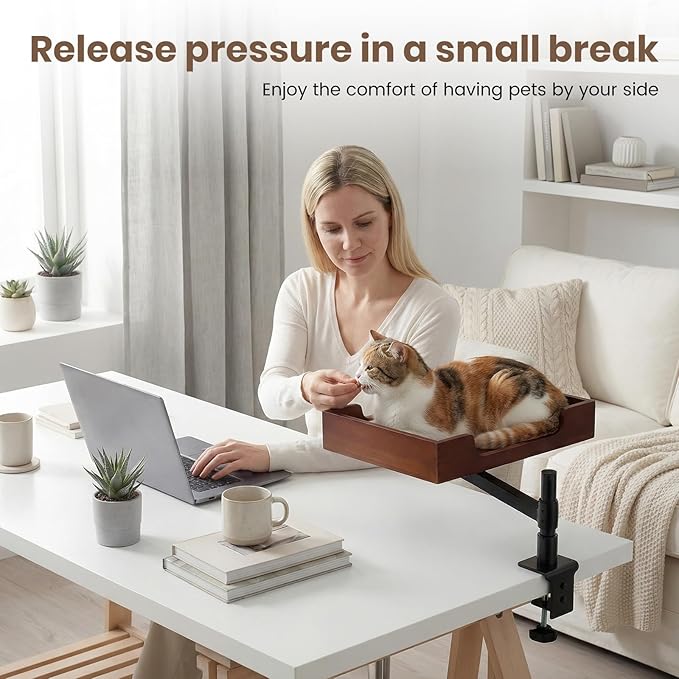 Cat Desk Bed - Classy Bamboo Base Come with Plush Bedding Stable and Sturdy Clamp Can Adjust Height 360° Rotation Have Your Precious Cat Watching While You Study or Work Up to 33 lb Load