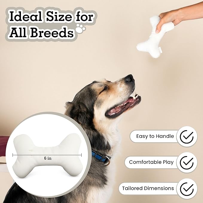 Durable Cotton Canvas Squeaky Dog Toy – Eco-Friendly Interactive Chew Toy for Small to Large Dogs-T-Bone (White)
