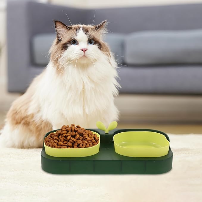 Toyvian Cat and Dog Double Feeding Bowl Set, 2-Compartment Plastic Pet Bowls with Water and Food Holder, Moss Green, Suitable for Kittens and Small Dogs, Practical Feeding Supply for Home