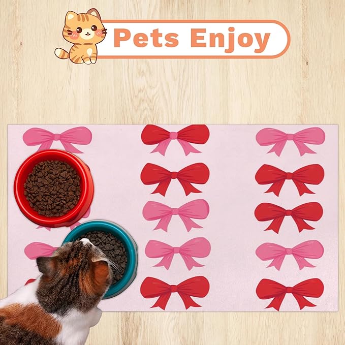 Cute Bow Dog Food Mat for Floors Absorbent, Quick Dry Water Dispenser Mat for Food, Water, Pet Supplies 16" x 24", Bowknot