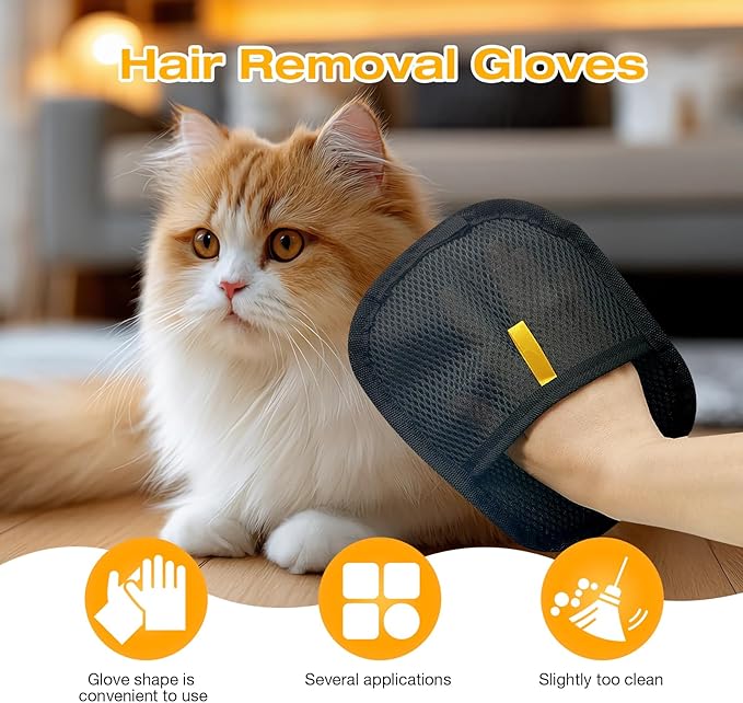 2 Pcs Reusable Electrostatic Pet Hair Remover Glove & Magic Brush, Cat & Dog Hair Removal Grooming Gloves for Furniture, Couch, Carpet, Car Seat, Clothes