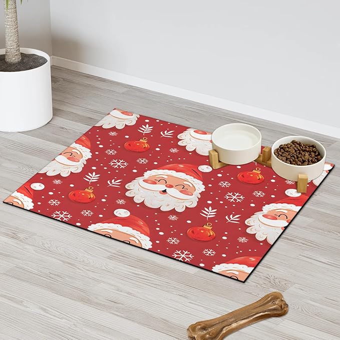 Santa Claus Dog Food Mat for Floors Absorbent, Quick Dry Water Dispenser Mat for Food, Water, Pet Supplies 17" x 30", Winter Snowflake