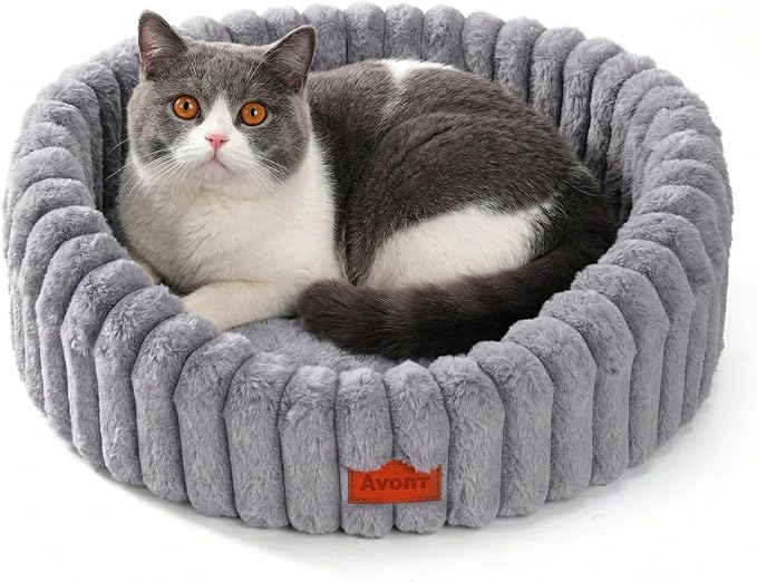 Avont Fluffy Cat Bed for Cats & Small Dogs, Cozy Plush Sleeping Nest for All Sleep Styles, Washable Removable Cushion & Anti-Slip Base, Calming Round Bed for Kittens &Puppy – Grey(M)