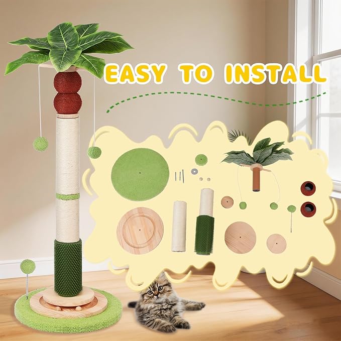 41'' Tall Cat Scratching Post,3.3'' Wide Sisal Rope Scratching Post for Indoor Adults Kittens,Cat Scratcher Tree with Stable Solid Wood Base Interactive Ball Toys Self Groomer Brush for Large Cats