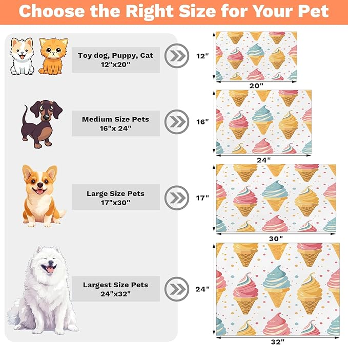 Ice Cream Dog Food Mat for Floors Absorbent Dog Bowl Mat for Food and Water Dispenser Quick Dry Cat Food Placemat Pet Supplies 16" x 24", Colorful Dot