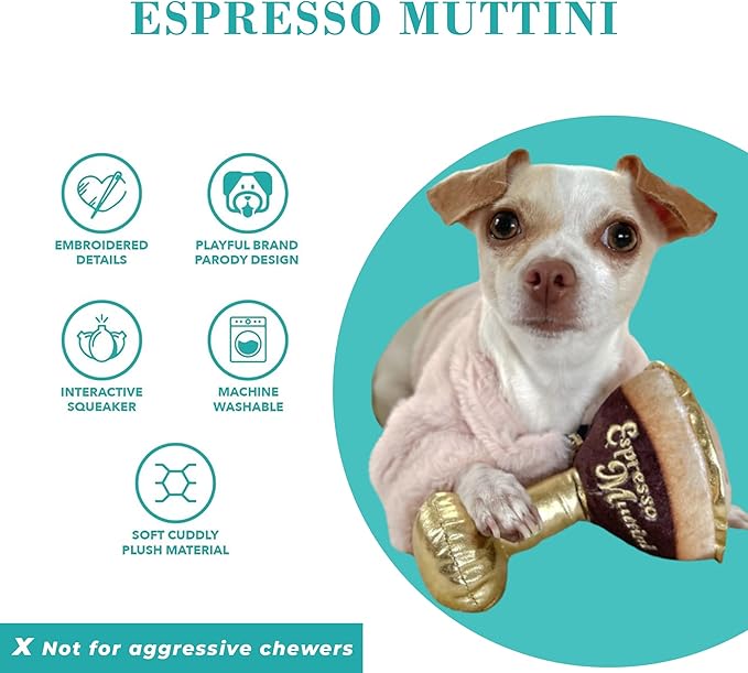 Haute Diggity Dog Espresso Muttini Plush Dog Toy for Small, Medium & Large Dogs, Interactive Funny Parody Squeaky Toys, Soft, Durable, Machine-Washable, Safe & Cute Birthday Gift for Dogs, One Size