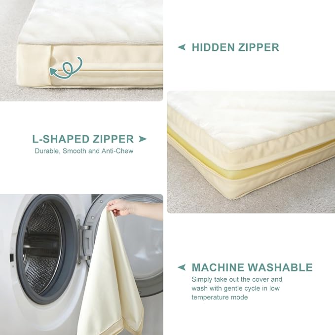 Vonabem Waterproof Dog Beds Medium Sized Dog, Washable Crate Pad 30 inch, Outdoor Orthopedic Foam Puppy Bed with Removable Cover Reversible, Anti-Slip Kennel Pad, 29"x18", Beige