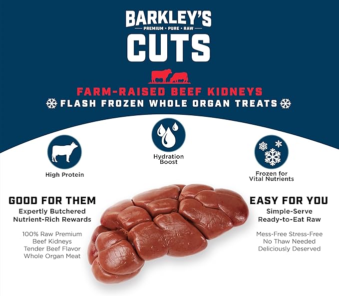 Barkley’s Cuts, Frozen Raw Sliced Beef Kidney Dog Treats, Single Ingredient, Flash Frozen, High Protein Training Treats and Food Toppers for Puppies and Dogs, Human Grade Ingredients, 16 Oz Bag