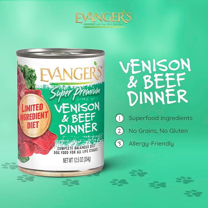 Evanger's Super Limited Ingredient Venison & Beef Dinner for Dogs – 12 Count, 12.5 oz Each – Grain & Gluten Free, Allergy-Friendly, Loaf Style with Spinach & Kale – Wet Dog Food