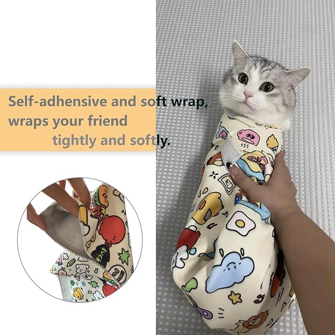 Cat Grooming Wrap - Multifunctional Anti-Bite & Scratch Blanket for Nail Trimming, Medicine, and Injection, Self-Sticking Wrap for Calm & Safe Pet Care (Cute Prints, L-27.6inch Within 15lbs)