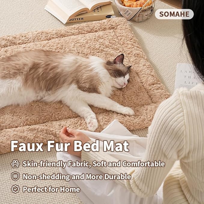 Self Warming Cat Bed Mat, Washable Self Heating Cat Mat, Extra Warm Thermal Pet Pad with Non-Slip Bottom, Soft Plush Faux Fur for Indoor Pet Sleep Cushion, 23x15 Inch Latte
