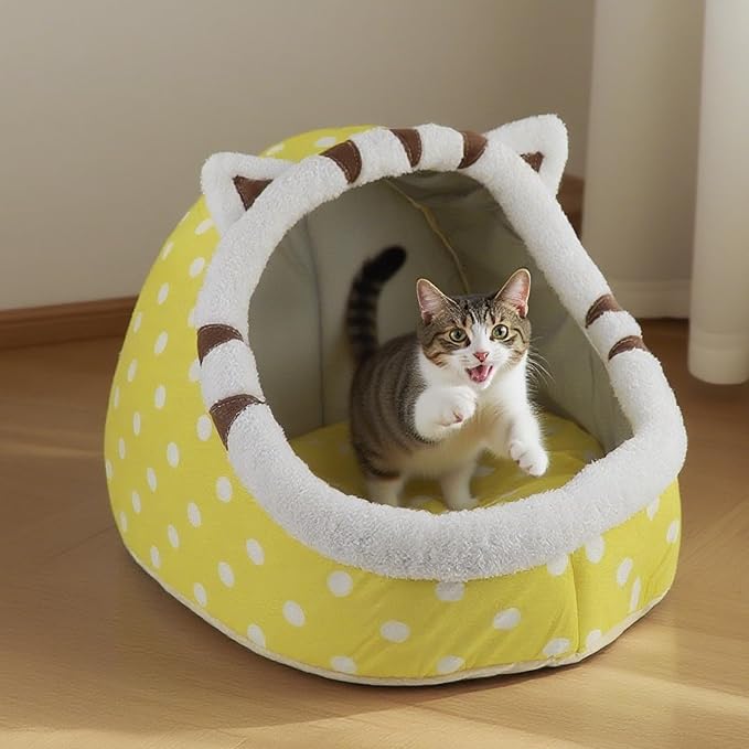 Andiker Cat Beds for Indoor Cats, Semi-Enclosed Cat Cave Bed with a Plush Ball Large Space for Cats to Sleep Soft and Comfortable Covered Cat Bed with a Washable and Detachable Mat (Yellow, L)