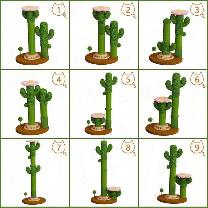 2026 New DIY 9+ Installation Styles Cactus Cat Scratching Post with Self-Grooming Brush and Ball Toy | Modular Sisal Cat Scratching Post for Indoor Cats and Kittens, Customizable Cat Furniture