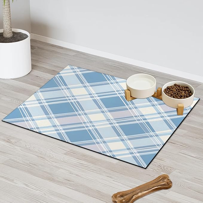 Buffalo Check Dog Food Mat for Floors Absorbent, Quick Dry Water Dispenser Mat for Food, Water, Pet Supplies 12" x 20", Blue Plaid