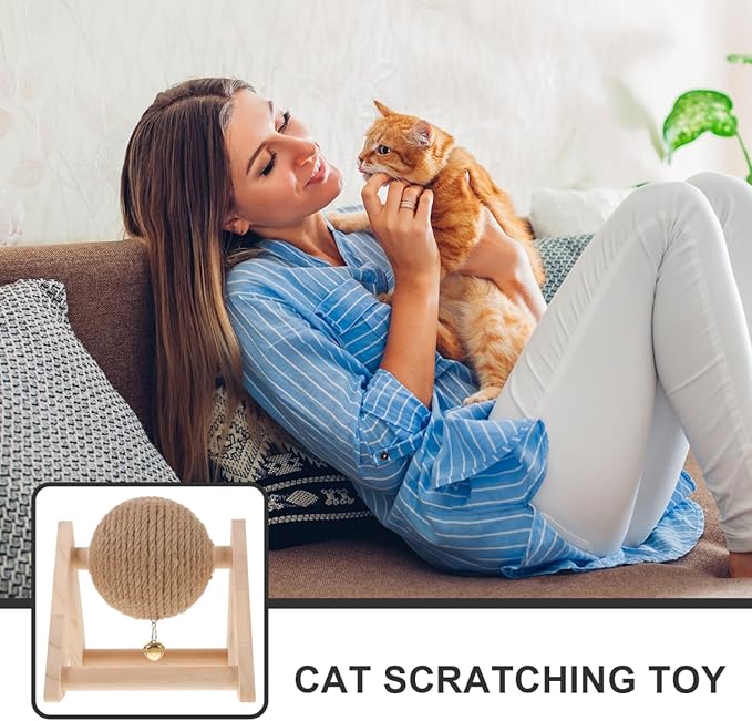 Aboofan Cat Scratcher Toy with Sisal Ball Cats Scratching Rope Ball Interactive Rotatable Wood Pet Scratcher Toys Durable for Indoor to Grind Claws Pet Furniture Supplies