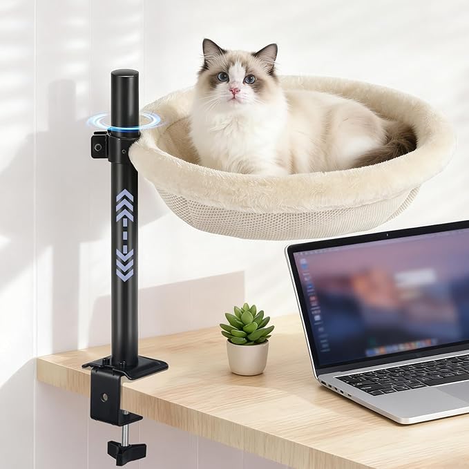 Cat Desk Bed - Machine Washable Reversible Cats Hammock for Large and Kitten - 360° Rotating & Height Adjustable - Supports Up to 45lbs - Indoor Cat Nest Furniture for Office & Game Tables - White