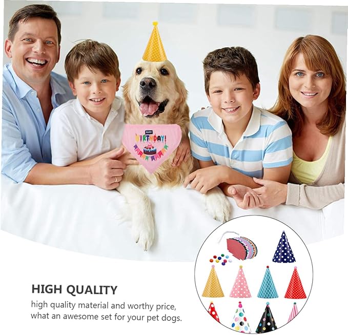 FRCOLOR Dog Birthday Hat and Bib Set, 9 Party Hats with 1 Saliva-Absorbent Bandana, Pet Birthday Decoration Supplies for Small to Medium Dogs Random Color