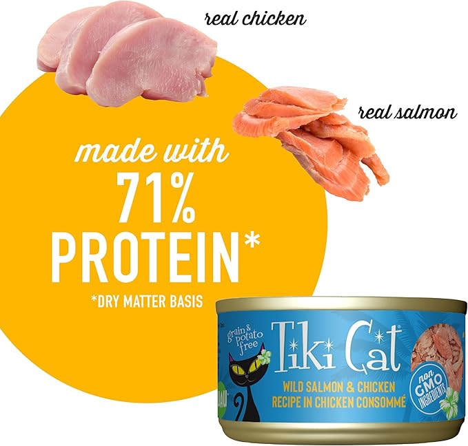Tiki Cat Luau Shredded Meat, Wild Salmon & Chicken Recipe in Chicken Consumme, Grain-Free Balanced Nutrition Wet Canned Cat Food, For All Life Stages, 2.8 oz. Can (12 Count)